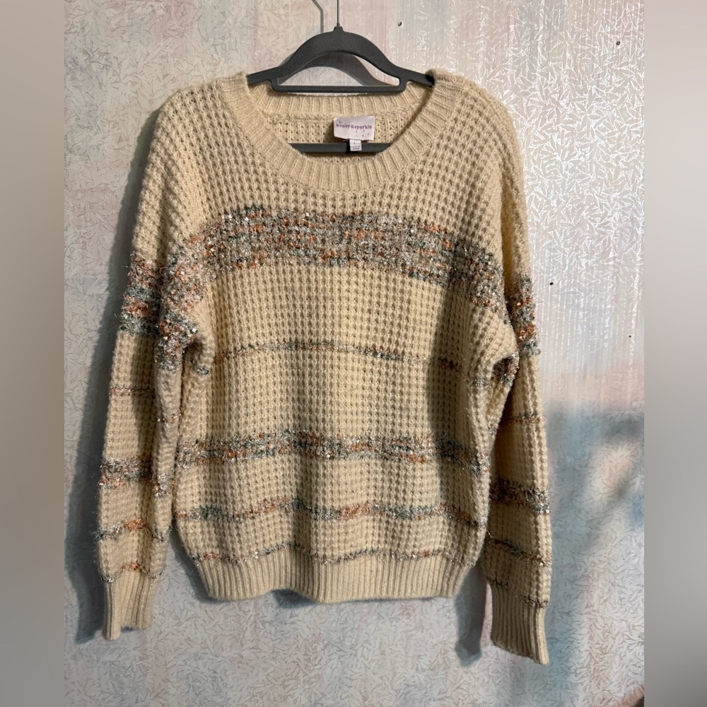 Honey & Sparkle Cozy Cream Sweater With Metallic Multicolor Details, Sz Large